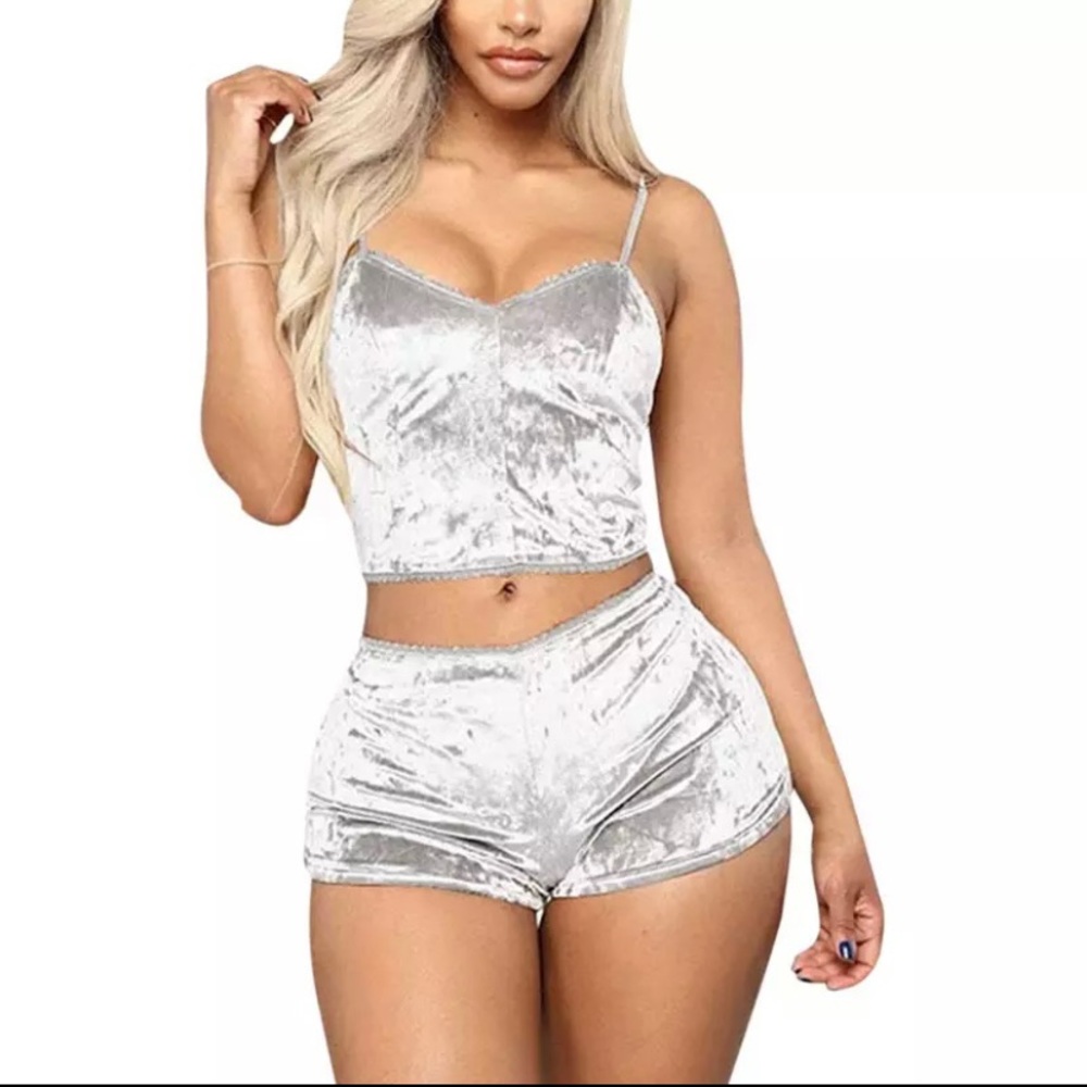 Silver Two Piece Sleepwear Velvet Bra Set